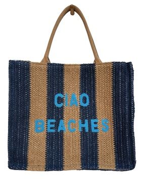 Ciao Beaches Striped Raffia Tote Bag Vacation Resort Cruise Humor Fun Playful